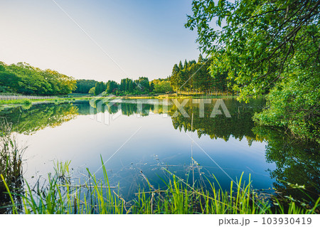 早朝の朝日を浴びた奈良県宇陀市にある龍王ヶ淵の風景 103930419