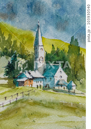 中部フランスの小さな村 水彩画 風景画 中部フランスの小さな村 水彩画 風景画 103930540