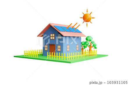 3d Rendering House with solar panels on the roof and sun illustration isolated on white background concept Helping to reduce global warming and cost savings. 103931105