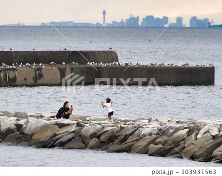 海岸で写真撮っている親子とカモメの群れ 103931563
