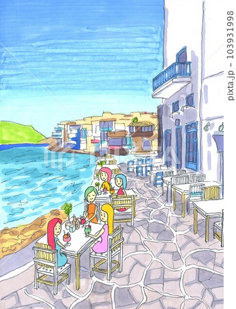 ☆ワールドカフェシリーズ☆【エーゲ海カフェを楽しむガールズ】原画販売 サイズA4 エーゲ海カフェを楽しむガールズのイラスト素材 [103931998] - PIXTA