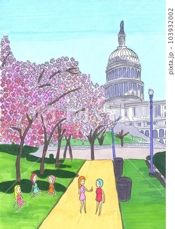 ワシントンの桜を楽しむガールズ 103932002
