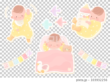 Cute and cheerful baby illustration set bordered Cute and cheerful baby illustration set bordered 103932256
