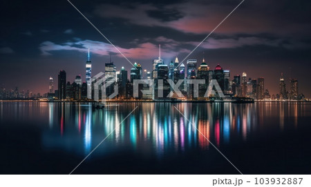 Panoramic skyline and modern commercial buildings with empty asphalt road. AI Generative. 103932887