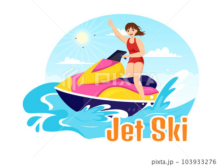 People Ride Jet Ski Vector Illustration Summer Vacation Recreation, Extreme Water Sports and Resort Beach Activity in Hand Drawn Flat Cartoon Template 103933276