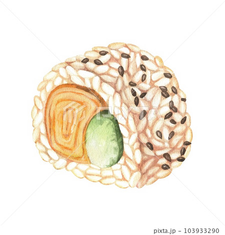 Sushi roll with vegetables sprinkled with black sesame seeds. Watercolor illustration. Asian, Japanese, Korean cuisines. Fast healthy hand drawn food. Clip art isolated on a white background Sushi roll with vegetables sprinkled with black sesame seeds. Watercolor illustration. Asian, Japanese, Korean cuisines. Fast healthy hand drawn food. Clip art isolated on a white background 103933290