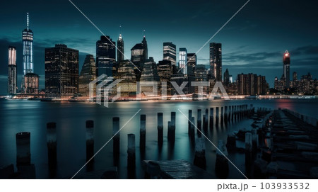 Panoramic skyline and modern commercial buildings with empty asphalt road. AI Generative. Panoramic skyline and modern commercial buildings with empty asphalt road. AI Generative. 103933532