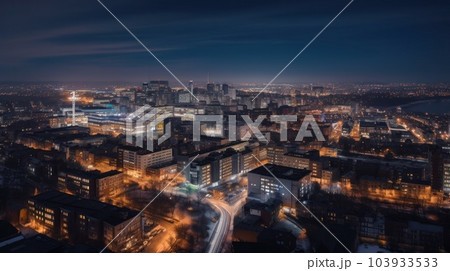 Panoramic skyline and modern commercial buildings with empty asphalt road. AI Generative. Panoramic skyline and modern commercial buildings with empty asphalt road. AI Generative. 103933533