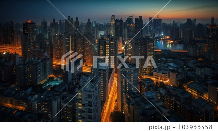 Panoramic skyline and modern commercial buildings with empty asphalt road. AI Generative. 103933558