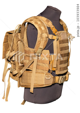 Ranger equipment, protective body armor with a durable fabric light backpack on a mannequin, isolated on a white background. 103933984