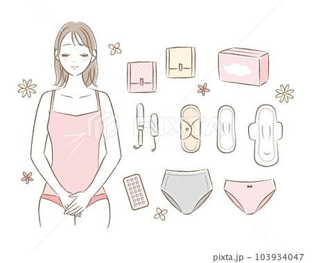 女性の生理用品・サニタリーグッズの手描き風イラストと若い女性のイラストセット 女性の生理用品・サニタリーグッズの手描き風イラストと若い女性のイラストセット 103934047