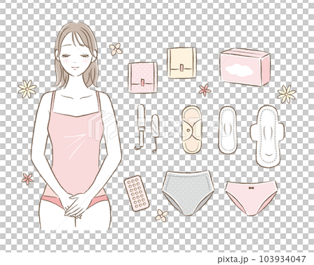 女性の生理用品・サニタリーグッズの手描き風イラストと若い女性のイラストセット 女性の生理用品・サニタリーグッズの手描き風イラストと若い女性のイラストセット 103934047