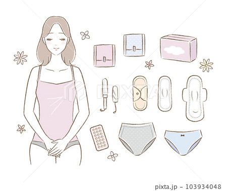 女性の生理用品・サニタリーグッズの手描き風イラストと若い女性のイラストセット 103934048