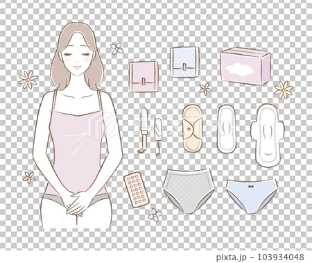 女性の生理用品・サニタリーグッズの手描き風イラストと若い女性のイラストセット 103934048