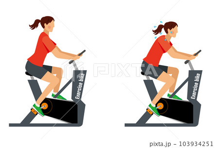 エアロバイクでエクセサイズする東洋系の女性のイラストセット　ダイエット　ワークアウト 103934251
