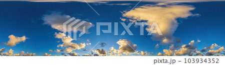Dark blue sunset sky panorama with Cumulus clouds. Seamless hdr pano in spherical equirectangular format. Complete zenith for 3D visualization, game and sky replacement for aerial drone 360 panoramas. 103934352
