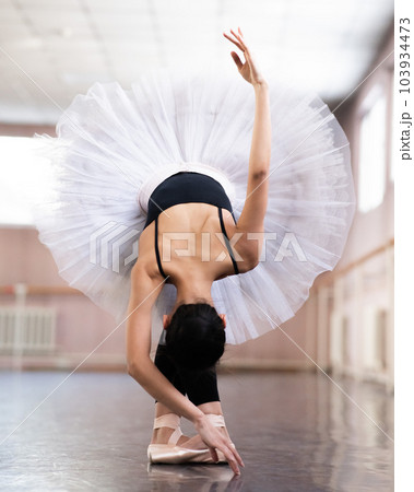 Graceful Asian ballerina in black bodysuit and white tutu poses in tilt. Graceful Asian ballerina in black bodysuit and white tutu poses in tilt. 103934473