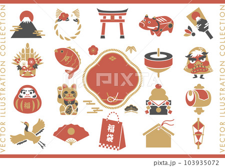 日本の正月の伝統的なアイコンセット。縁起物のベクターイラスト。 103935072