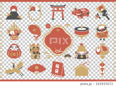 日本の正月の伝統的なアイコンセット。縁起物のベクターイラスト。 103935072