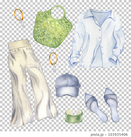 Set of woman's summer clothes watercolor illustration isolated on white. Woman's stylish outfit of shirt, trousers, bag hand drawn. Design for shop, sale, magazine, packaging, showcase, pattern Set of woman's summer clothes watercolor illustration isolated on white. Woman's stylish outfit of shirt, trousers, bag hand drawn. Design for shop, sale, magazine, packaging, showcase, pattern 103935406