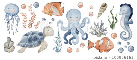 Large set of Underwater Animals. Cute undersea bundle with octopus, seahorse, jellyfish, turtle, clownfish, shells, algae, corals and bubbles. Hand drawn watercolor illustration of sea Fish for 103936163