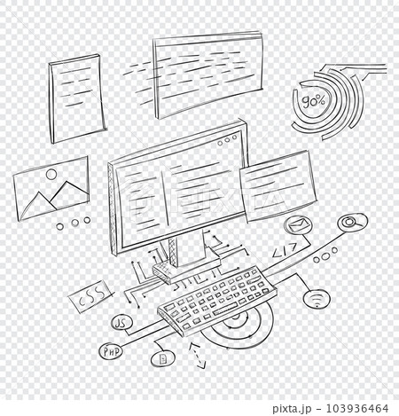 Hand drawn doodle computer. Sketch of a computer. Concept of creative office workspace. Working place with computer. Vector illustration 103936464