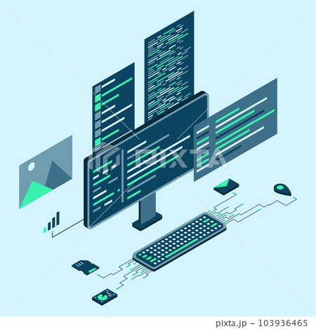 Computer technology isometric illustration. Desktop computer platforms. Software programming coding concept. Code with computer monitor. Vector illustration Computer technology isometric illustration. Desktop computer platforms. Software programming coding concept. Code with computer monitor. Vector illustration 103936465