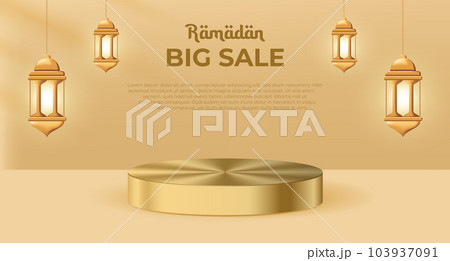 Ramadan big sale promotion poster banner with a podium for display product. Realistic Ramadan Kareem sale Banner with 3D Podium. Vector illustration Ramadan big sale promotion poster banner with a podium for display product. Realistic Ramadan Kareem sale Banner with 3D Podium. Vector illustration 103937091