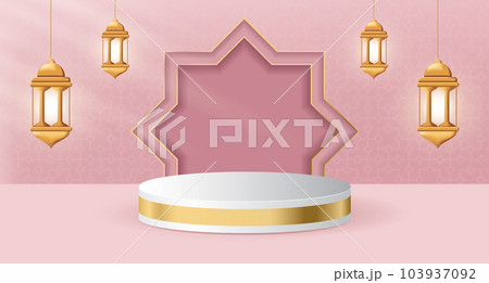 3d product display podium themed islamic with lantern for ramadan. Islamic 3d display podium decoration with realistic lantern. Vector illustration 3d product display podium themed islamic with lantern for ramadan. Islamic 3d display podium decoration with realistic lantern. Vector illustration 103937092