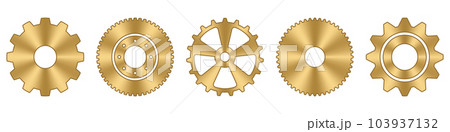 Gear wheels set. Gold metal cog wheels collection. Industrial icons. Gear setting vector icon set. Vector illustration Gear wheels set. Gold metal cog wheels collection. Industrial icons. Gear setting vector icon set. Vector illustration 103937132