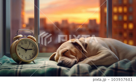 A peaceful scene unfolds as a labrador dog sleeps soundly next to an alarm clock on a cozy bed in an apartment, capturing relaxation and tranquility. generated ai. 103937681
