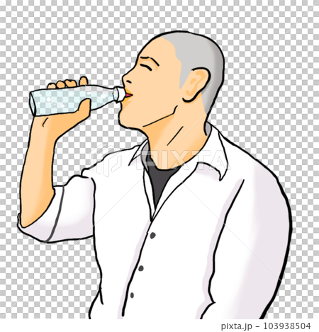 一個剃光頭的男人喝著塑料瓶飲料。 103938504