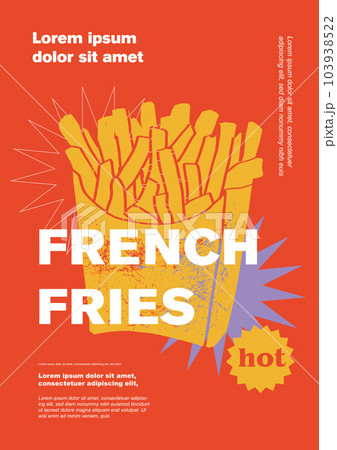Fast food, french fries. Price tag or poster design. Set of vector illustrations. Typography. Vintage pencil sketch. Engraving style. Labels, cover, t-shirt print, painting.	 103938522