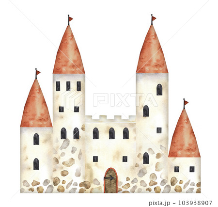 Medieval childish castle watercolor hand drawn illustration. Paint drawing fairy tail antique building with towers, flags, windows and gate isolated. Watercolor illustration 103938907