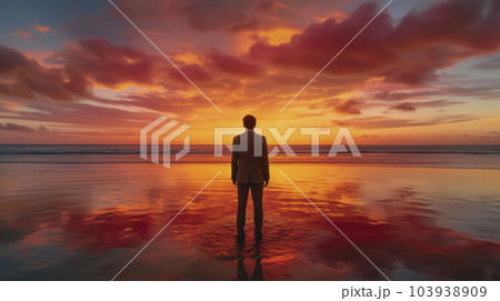 夕焼け空と赤く染まったレッドオーシャンを眺めるビジネスマンの後ろ姿「AI生成画像」 103938909