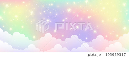 Cloudy sky background. Unicorn fantasy pastel galaxy. Rainbow cute wallpaper. Fluffy magic pink landscape. Vector illustration 103939317