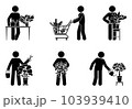 Stick figure man taking care of home flowers vector illustration set. Male person with houseplant icon pictogram 103939410