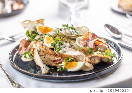 Unusual type of ceasar salad with chicken breasts, hard boiled eggs, parma ham and toasted bread 103940010