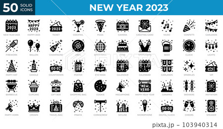 New year 2023 icons in solid style. Calendar, Confetti, Pizza. Solid icons collection. Holiday symbol. Vector illustration 103940314