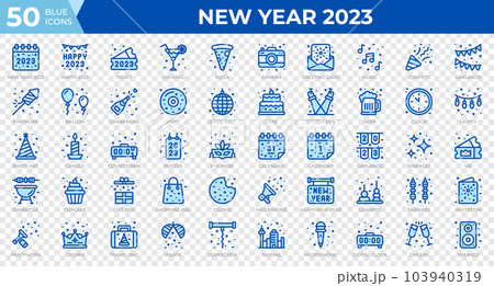 New year 2023 icons in blue style. Calendar, Confetti, Pizza. Line blue icons collection. Holiday symbol. Vector illustration New year 2023 icons in blue style. Calendar, Confetti, Pizza. Line blue icons collection. Holiday symbol. Vector illustration 103940319