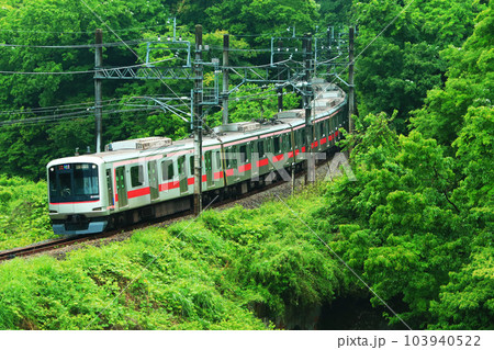新緑が眩しい嵐山を往く東急車 103940522