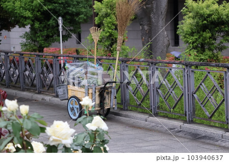 白いバラの花や緑の植物の遊歩道の公園に清掃道具のリアカーのある風景 白いバラの花や緑の植物の遊歩道の公園に清掃道具のリアカーのある風景 103940637