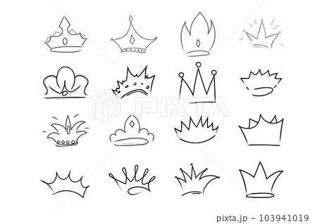 Set Royal crown, queen or princess diaden, tiara head, King in doodle style, hand drawn line isolated on white background 103941019