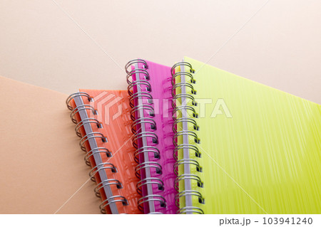 Flat lay of three notebooks with binding with copy space on orange background Flat lay of three notebooks with binding with copy space on orange background 103941240