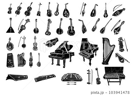 Set of stringed musical instruments. Classical orchestra. Art sound tool and acoustic symphony. Stringed fiddle wooden equipment vector illustration 103941478