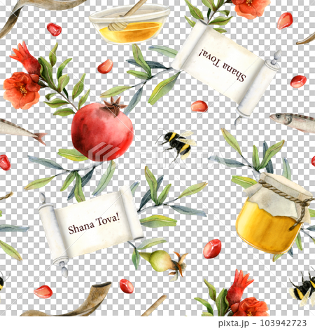 Shana Tova watercolor seamless pattern on white background for Rosh Hashanah Jewish new year gift wrapping with scroll, greetings, pomegranates, honey, apples, shofar, flowers Shana Tova watercolor seamless pattern on white background for Rosh Hashanah Jewish new year gift wrapping with scroll, greetings, pomegranates, honey, apples, shofar, flowers 103942723