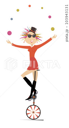 Equilibrist woman on the unicycle juggles balls illustration. Sexy young woman in the top hat balances on the unicycle and juggles the balls. Isolated on white background Equilibrist woman on the unicycle juggles balls illustration. Sexy young woman in the top hat balances on the unicycle and juggles the balls. Isolated on white background 103943131