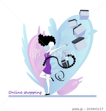 Woman buy things in the online store, virtual shopping ecommerce customer service concept. Shoppers buying on internet in social networks sale poster. Vector 103943217