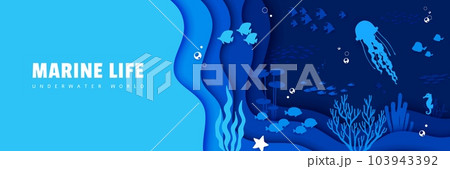 Sea paper cut landscape banner. Fish shoal, jellyfish and seaweeds silhouettes adorn intricate design, creating mesmerizing depiction of marine life and beauty of ocean, vector landing page template 103943392