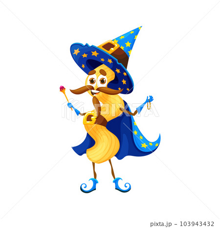 Cartoon Halloween italian pasta wizard character. Isolated vector torchio noodle personage wearing pointed hat and cloak with stars holding magic wand and amulet ready to cast delicious culinary spell 103943432